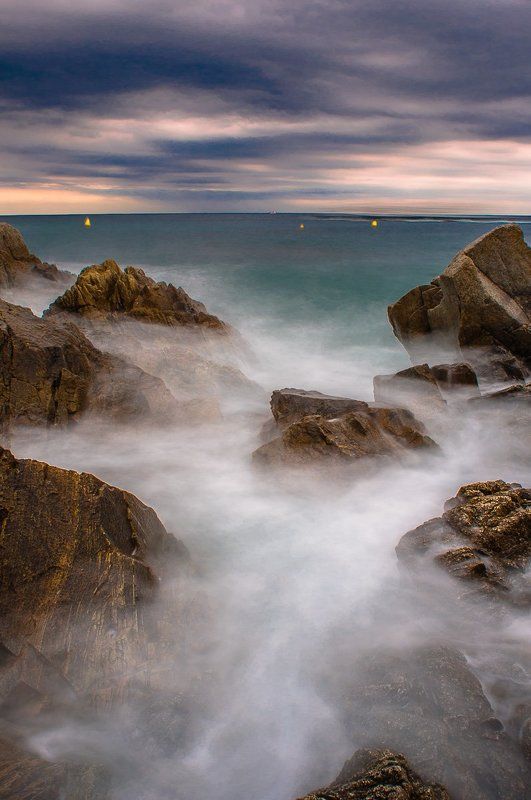 Море, небо, закат, пейзаж, волны, дымка, пена  фото превью