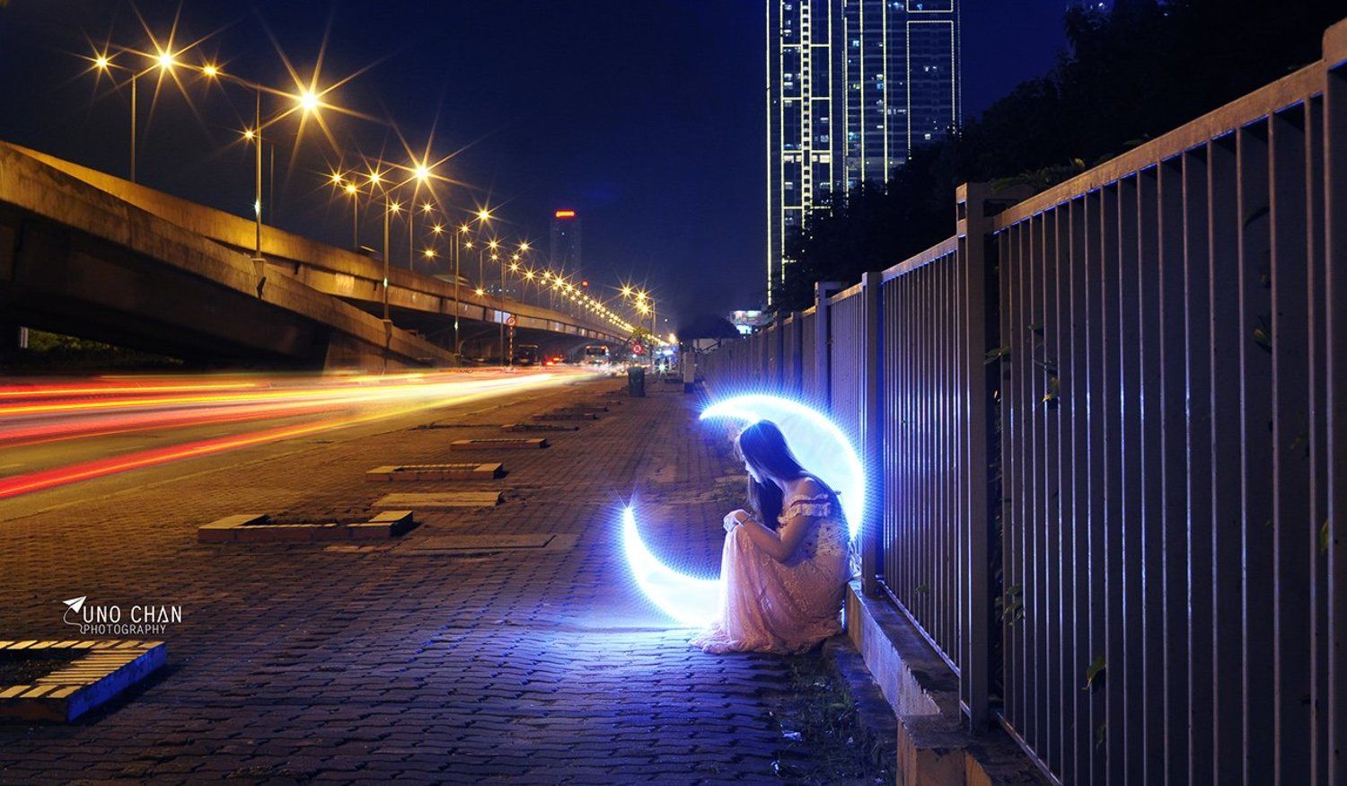 moon, city, light, girl, unochan