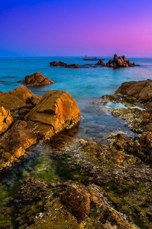 море, небо, лодка, закат, волны  фото превью