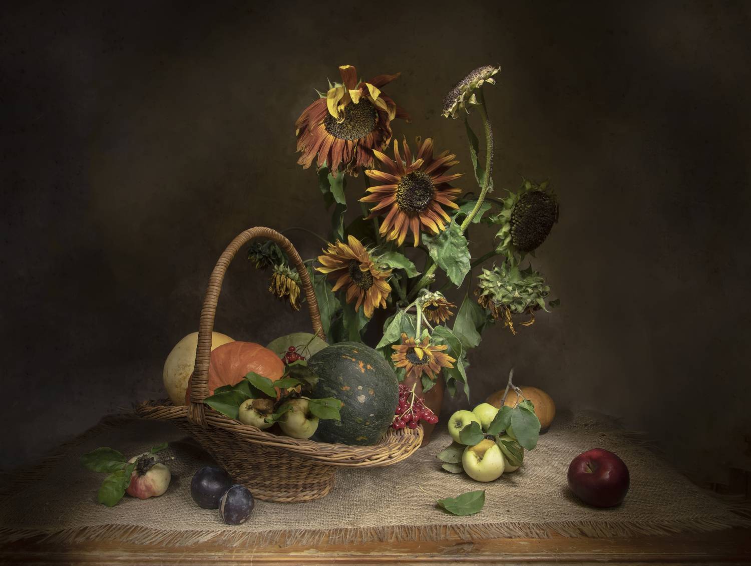 натюрморт, подсолнух, тыква, яблоко, Татьяна Феденкова