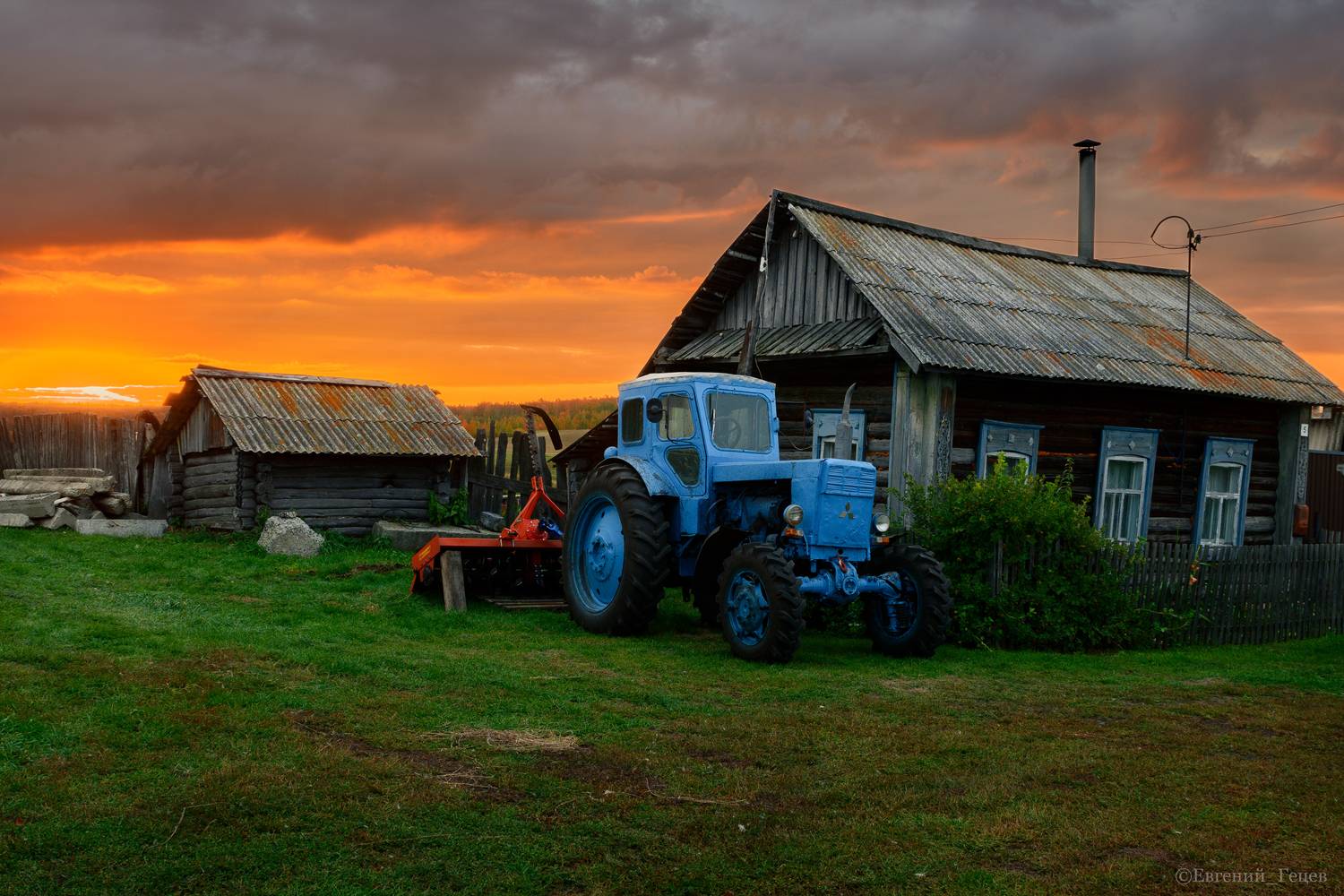 деревня, трактор, рассвет, утро, Евгений Гецев