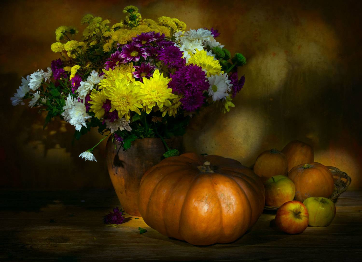 тыквы,цветы,вечер,натюрморт,яблоки, Елена Брежицкая
