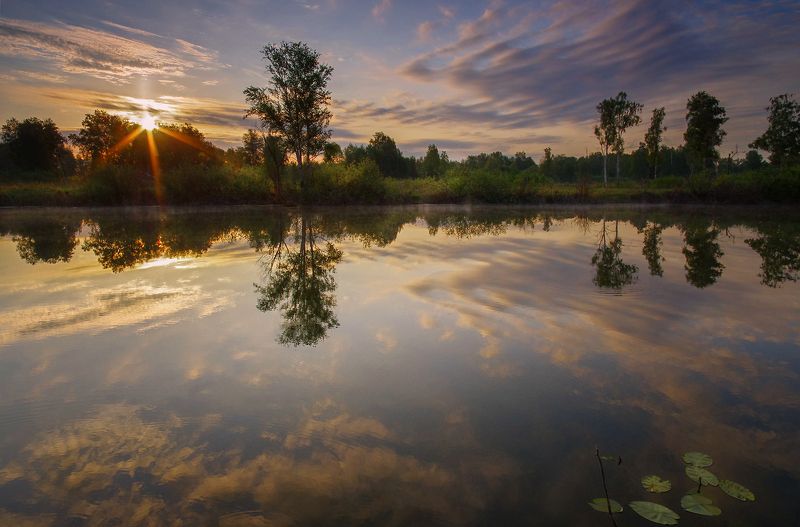 лето, утро, рассвет, озеро, вода Тихое утро фото превью