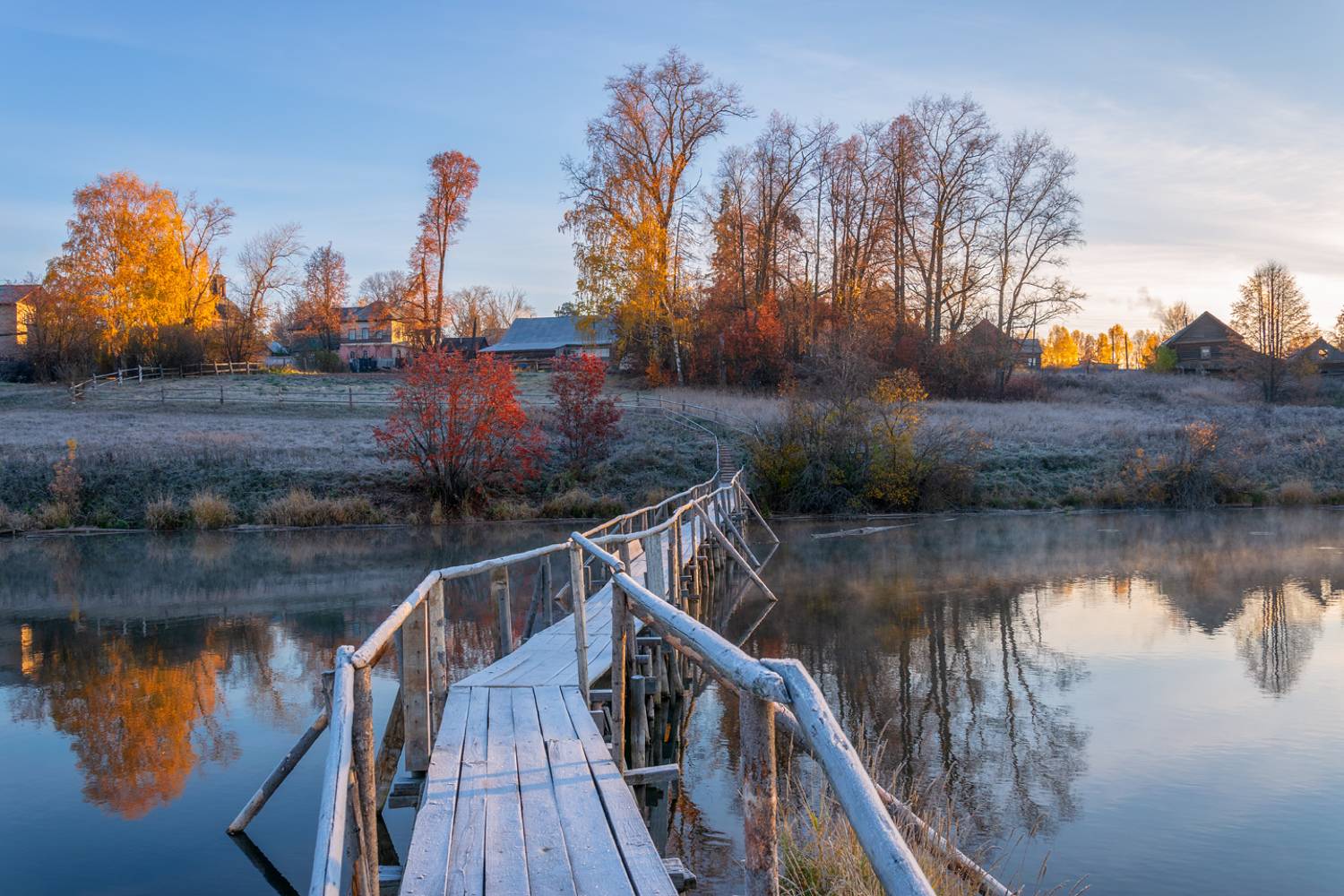 утро октябрь село мостик иней река, Архипкин Александр