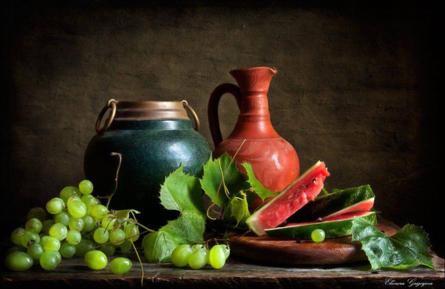 Арбуз, Вино, Виноград, Зелёный, Красный, Кувшин, Натюрморт, Eleonora Grigorjeva