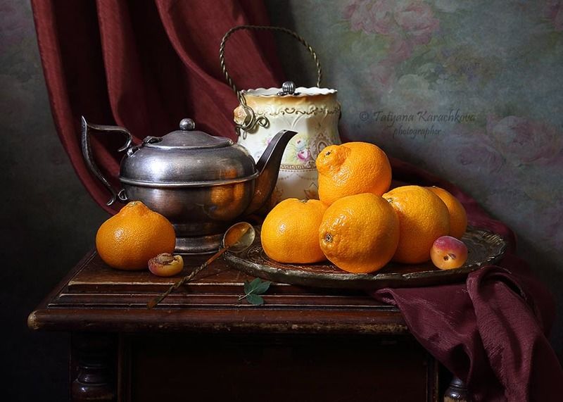 натюрморт, мандарины, чайник С мандаринами фото превью