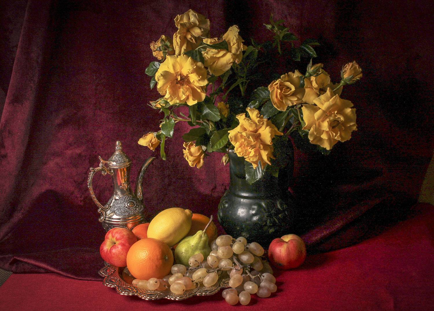 натюрморт, розы, фрукты, Людмила Павловна