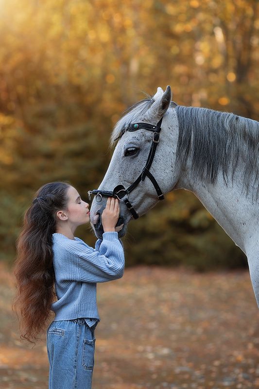 девочка, лошадь, портрет, осень Друзья фото превью