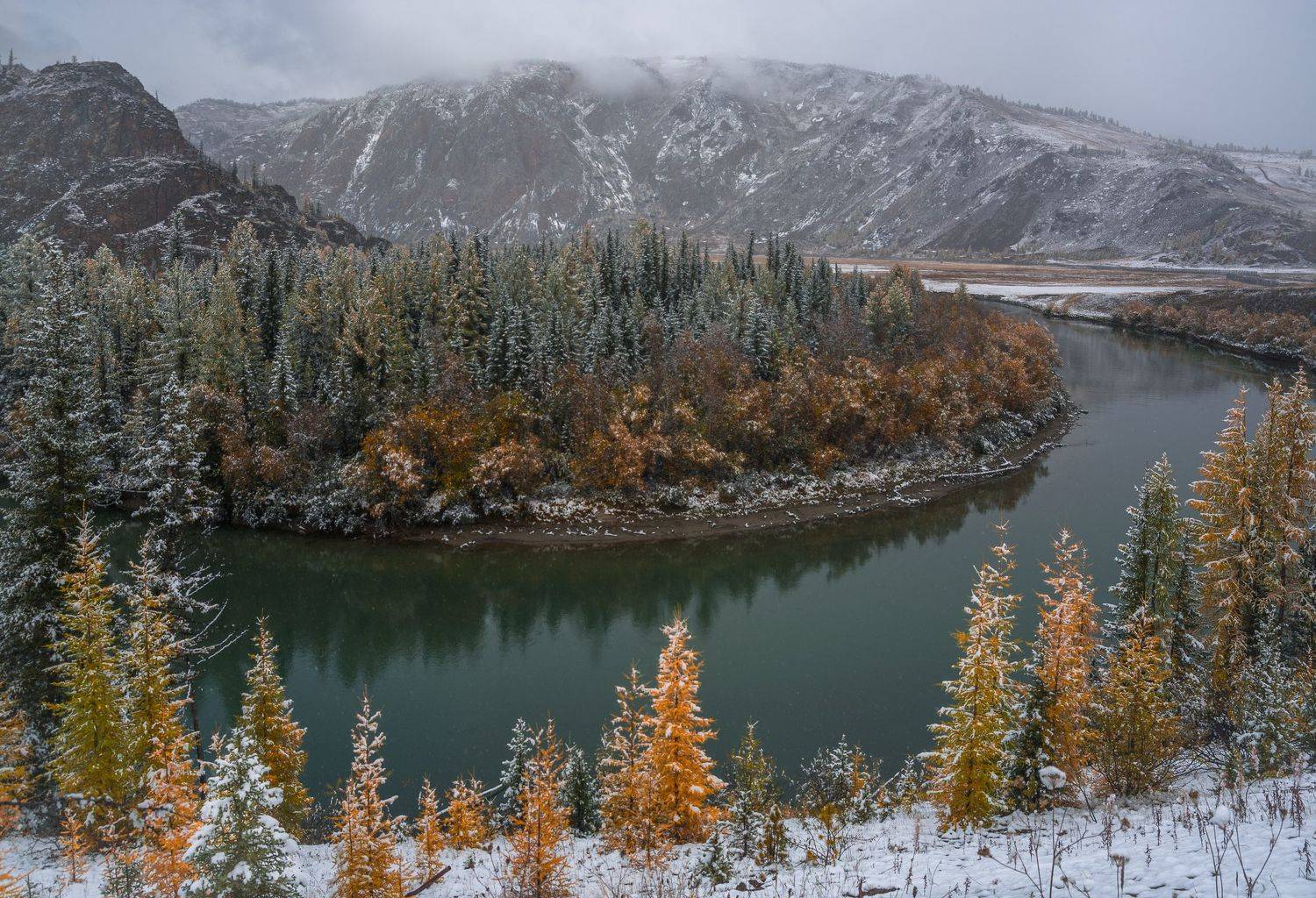 россия, горный алтай, река чуя, осень,снегопад, Андрей Поляков