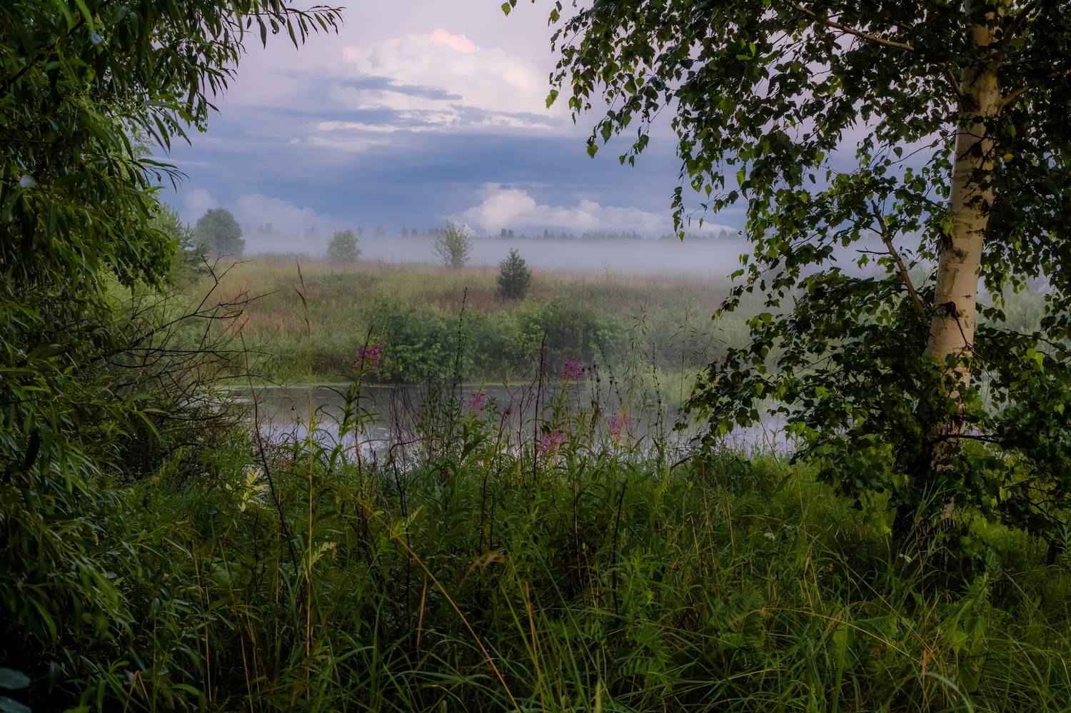вечер, туман, река, пейзаж, Юрий Морозов