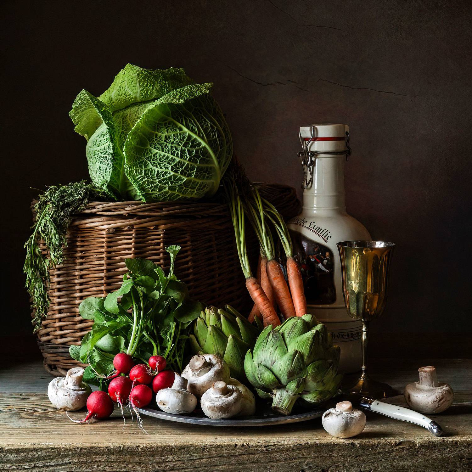 artichoke, mushrooms, still life, cabbage, bodegon, wine, vegetables, rustic, old masters, Слуцкая Яна
