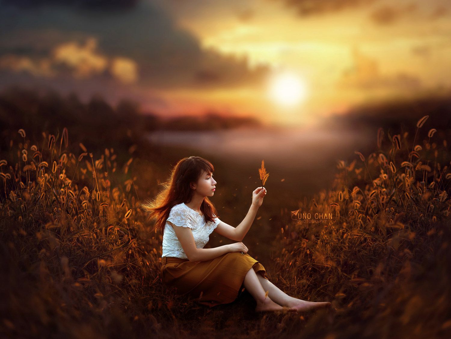 girl, sunset, flower, light, yellow, beautyful, unochan