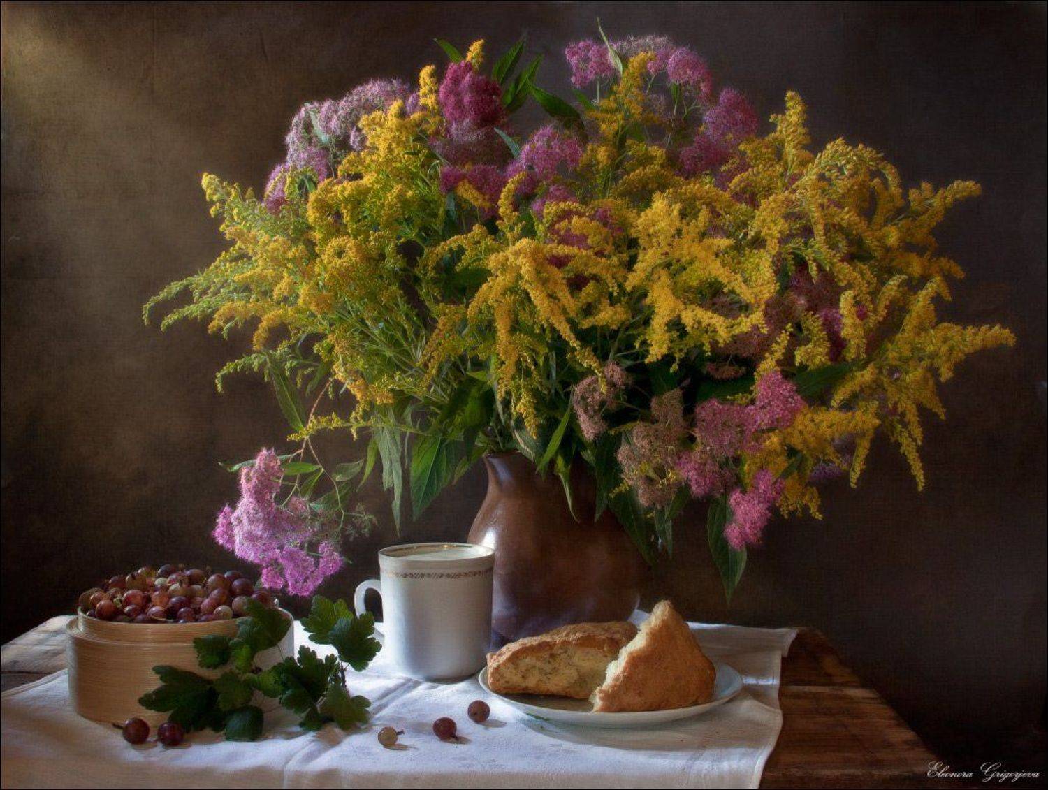 Крыжовник, Молоко, Натюрморт, Хлеб, Цветы, Eleonora Grigorjeva