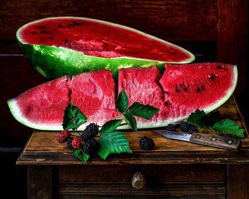 Still life with Watermelon and Blackberries