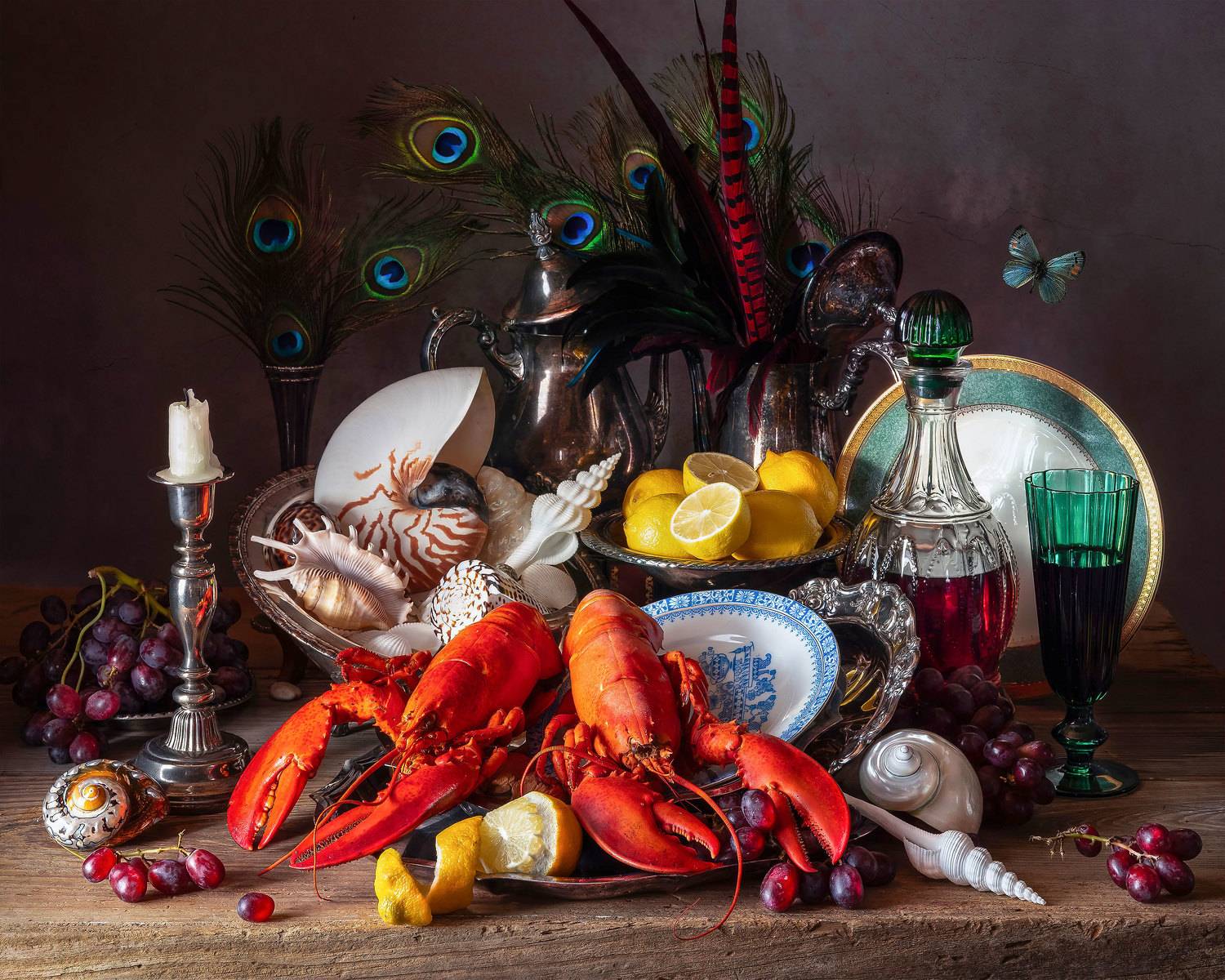 still life, lobsters, classic art, dutch art, opulence, still life photography, antique, rustic, shells, wine, grapes, fruit, Слуцкая Яна
