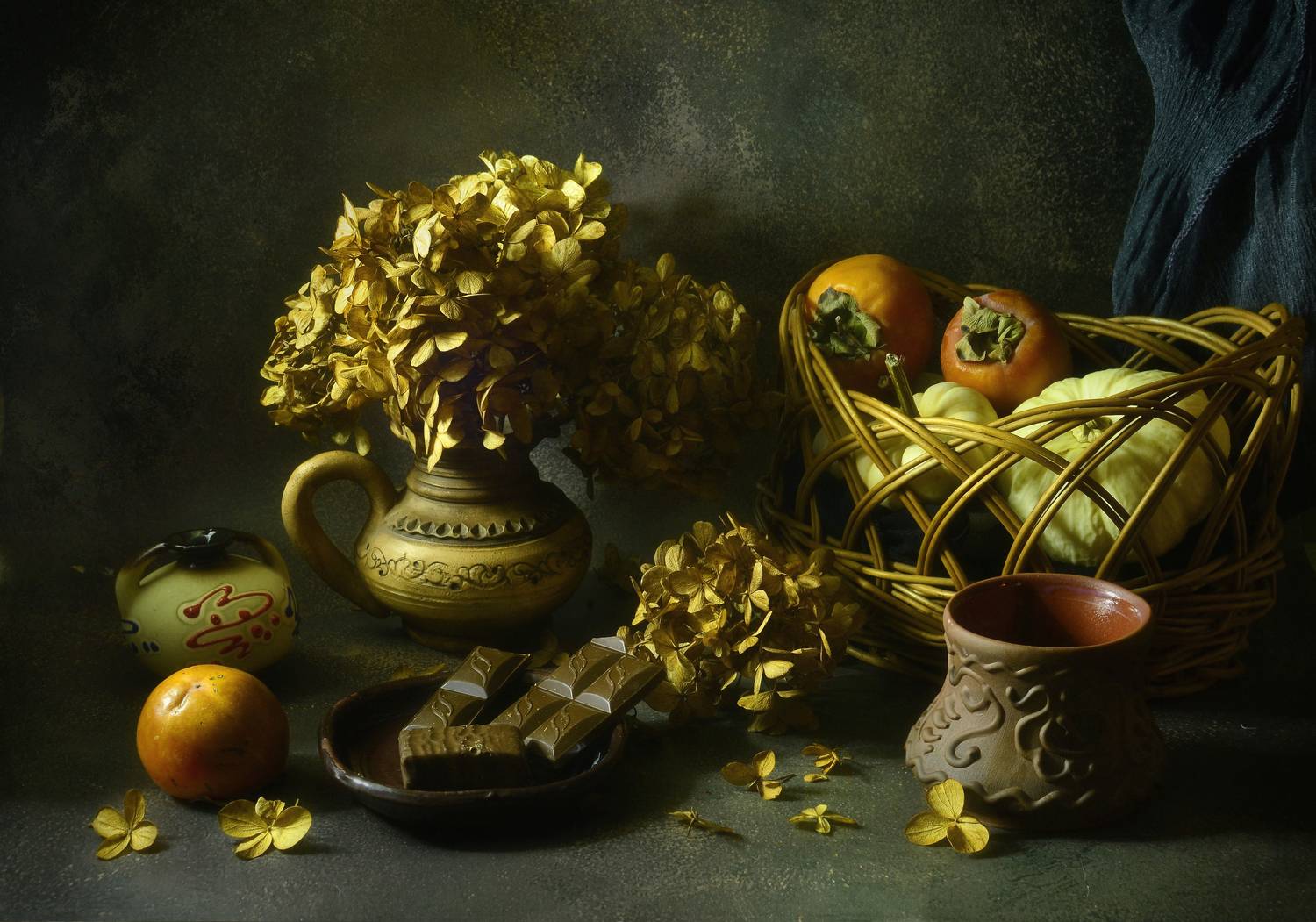 шоколад,цвет,гортензия,корзина,тыквы,хурма,осень, Инаида