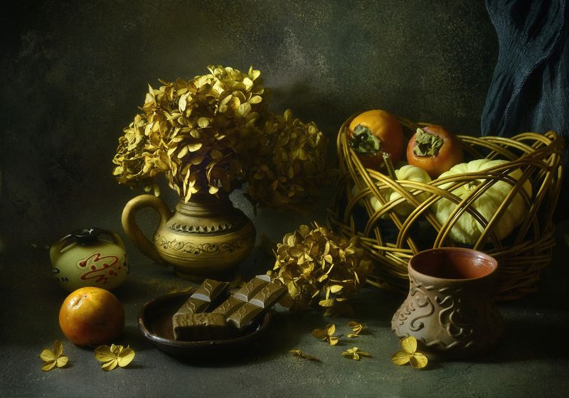 шоколад,цвет,гортензия,корзина,тыквы,хурма,осень Осенне-шоколадный.. фото превью