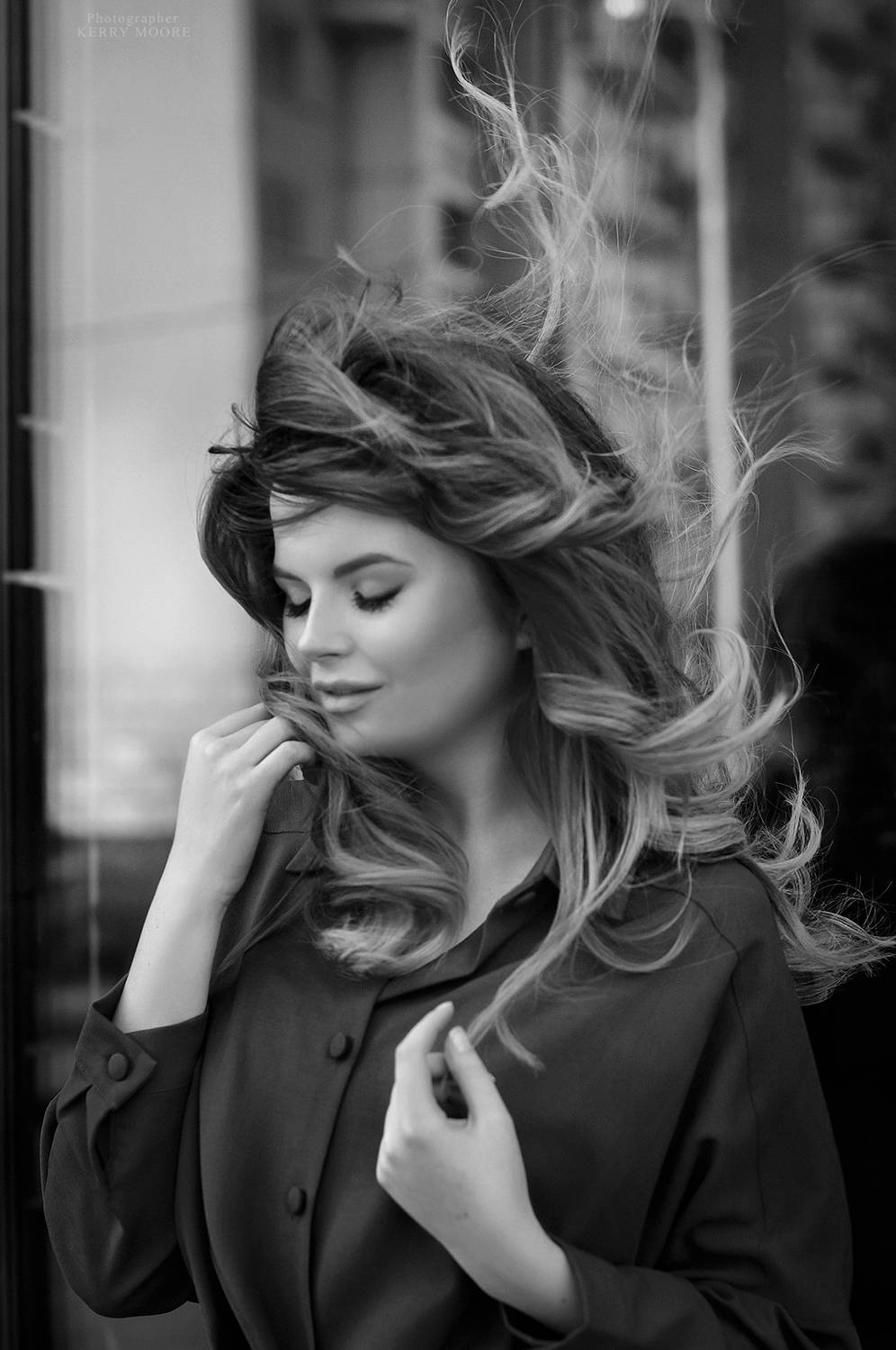 portrait, bw, style, woman, female, model, emotions, cute, hair, street portrait, light, black and white,,  Kerry Moore