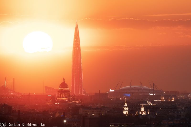 санкт-петербург, закат, исаакиевский собор, лахта-центр, лахта, небоскреб, прострел, газпром арена, стадион, time blending Лахта-Центр, Исаакиевский собор и Газпром арена фото превью