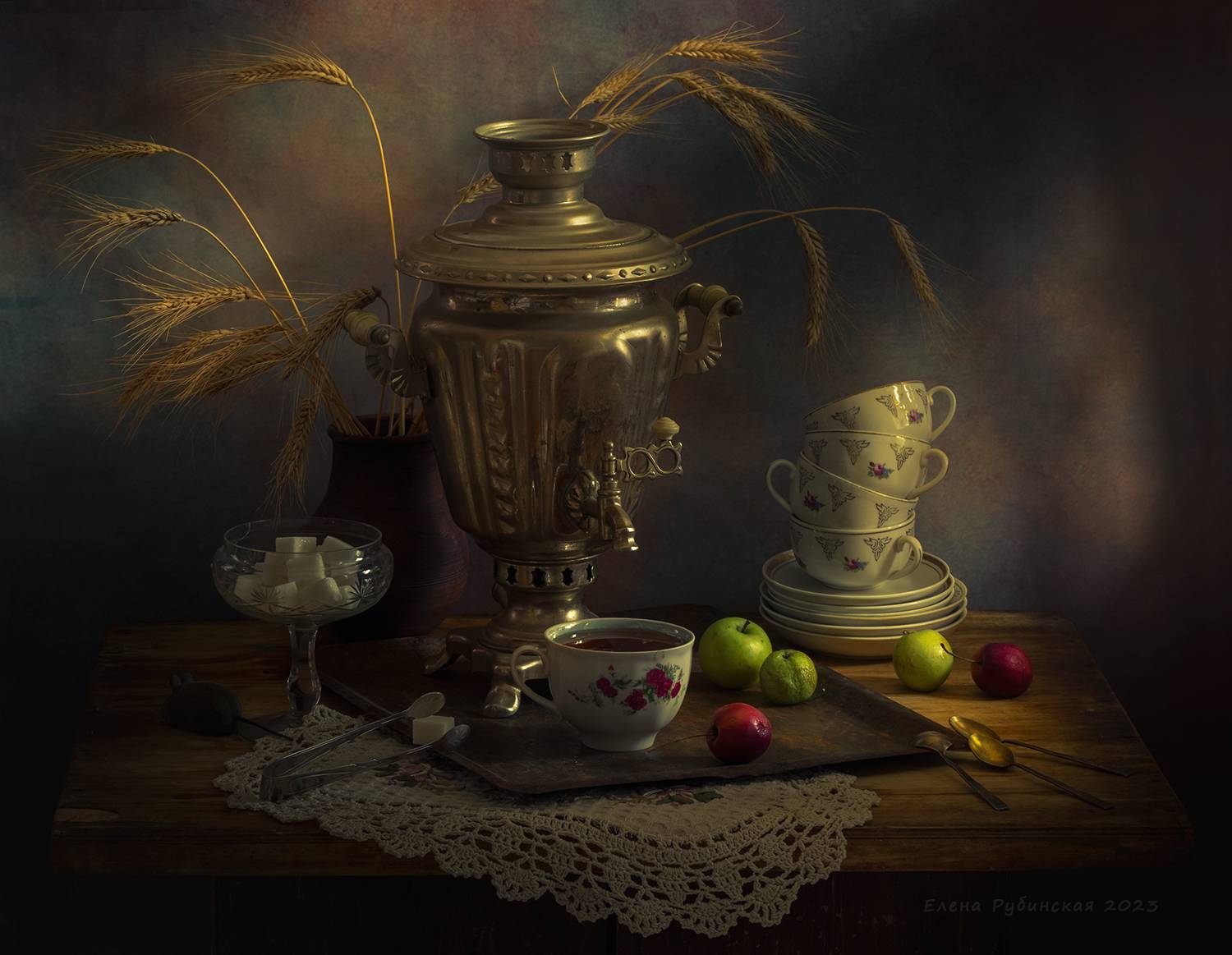 самовар, чай, яблоки, Елена Рубинская