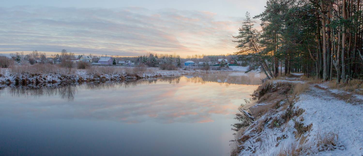 ноябрь, утро, первый снег, река Пра, селение, пейзаж, Юрий Морозов