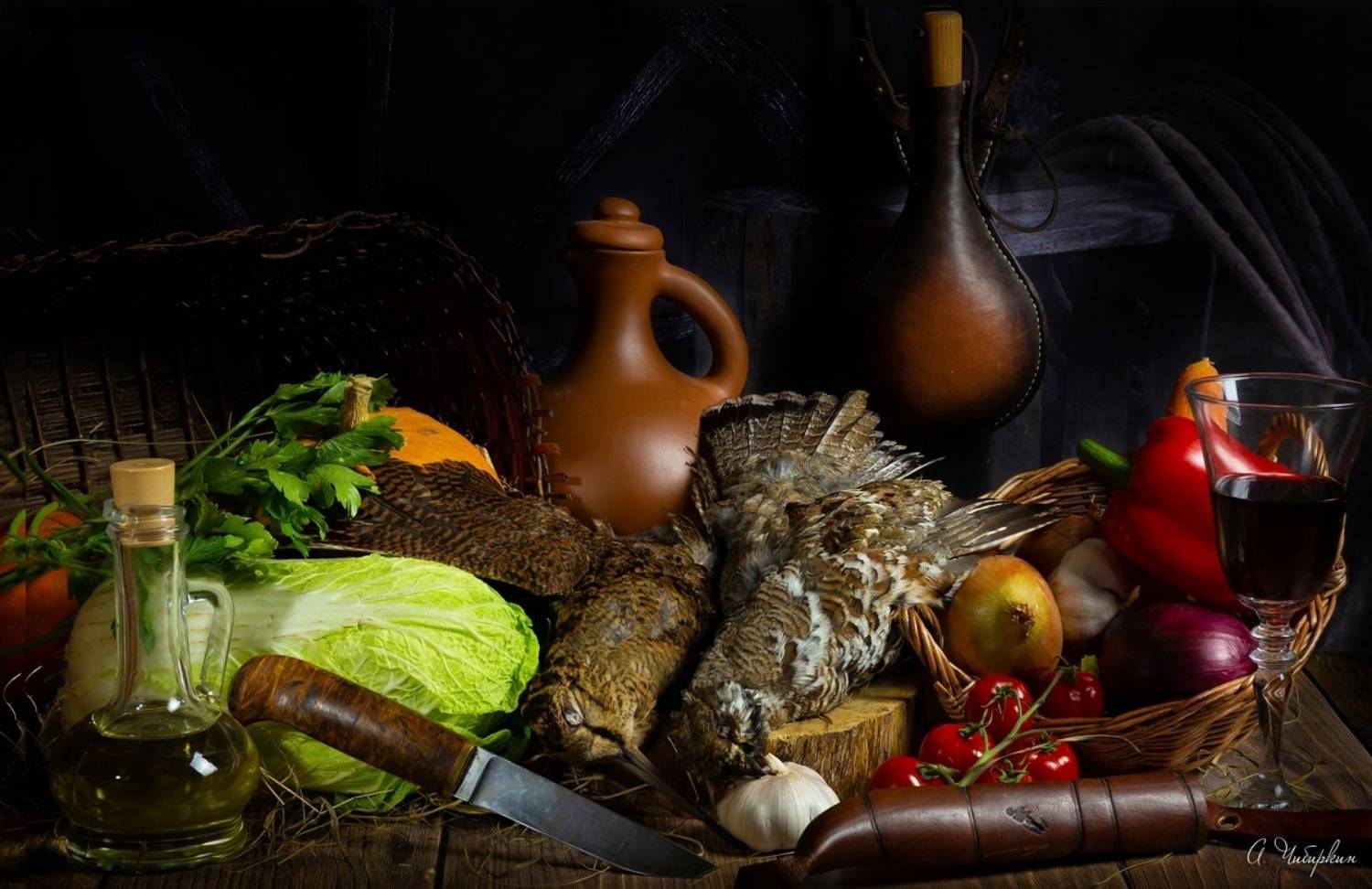 дичь, овощи, кухня, натюрморт, бокал, вино, охота, добыча, Александр Чибиркин