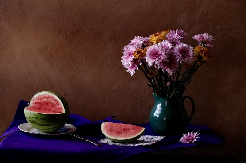 Still life, flowers, chrysanthemums, watermelon, food, fruits, colors,  In Autumn colors фото превью