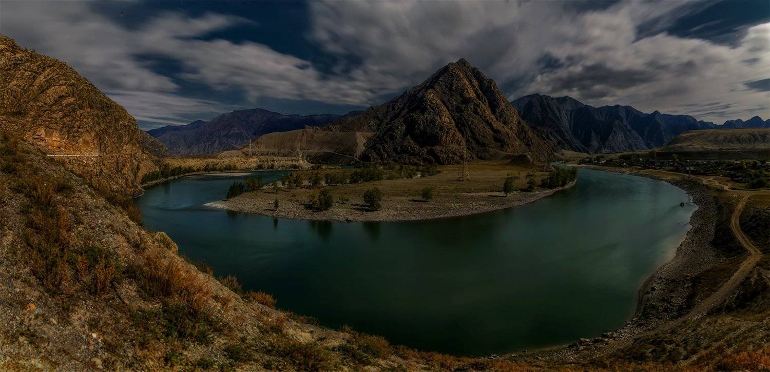 Алтай, Горный алтай, Горы, Катунь, Небо, Ночь, Осень, Панорама, Пейзаж, Природа, Река, Сибирь, Альберт Беляев