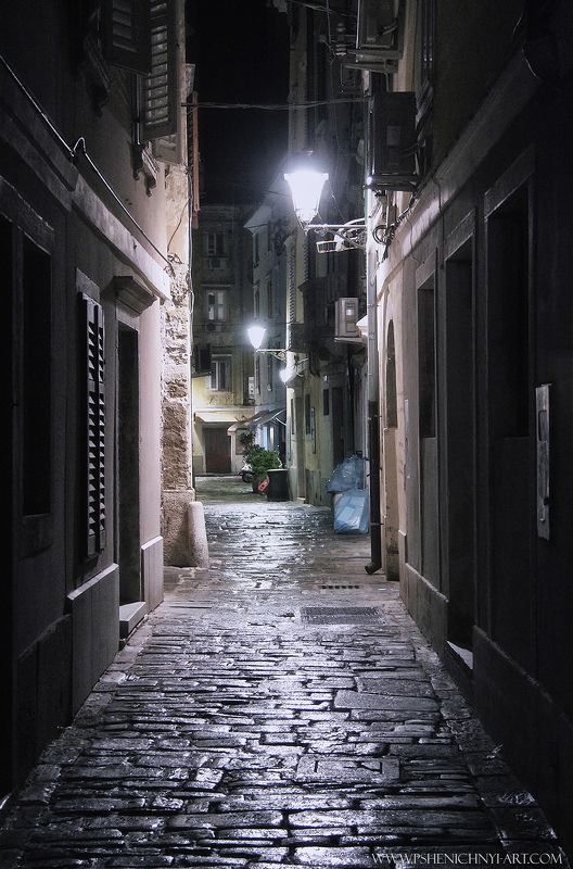 европа, архитектура, городской, улица, дождь, ночь, свет, пиран, словения, старинный Ночной дождь в Пиране фото превью