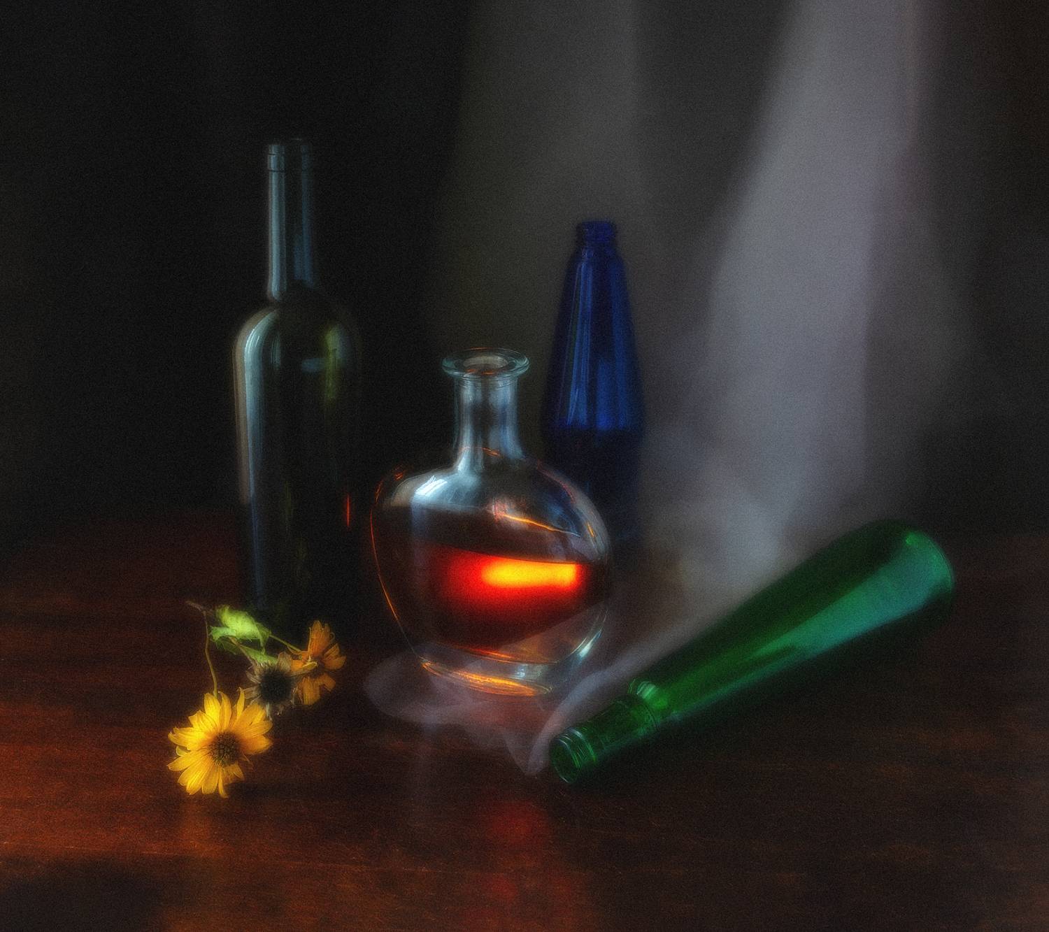 сухоцветы, статуэтка, яблоко, бутылка, Баг Алексей