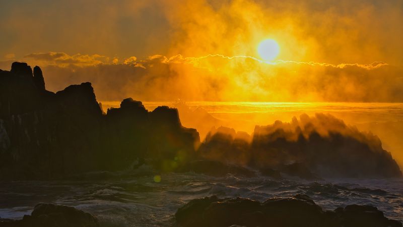 seascape, sunrise, water fog, backlight, silhouette, waves, seaside rocks, clouds,   Sunrise фото превью