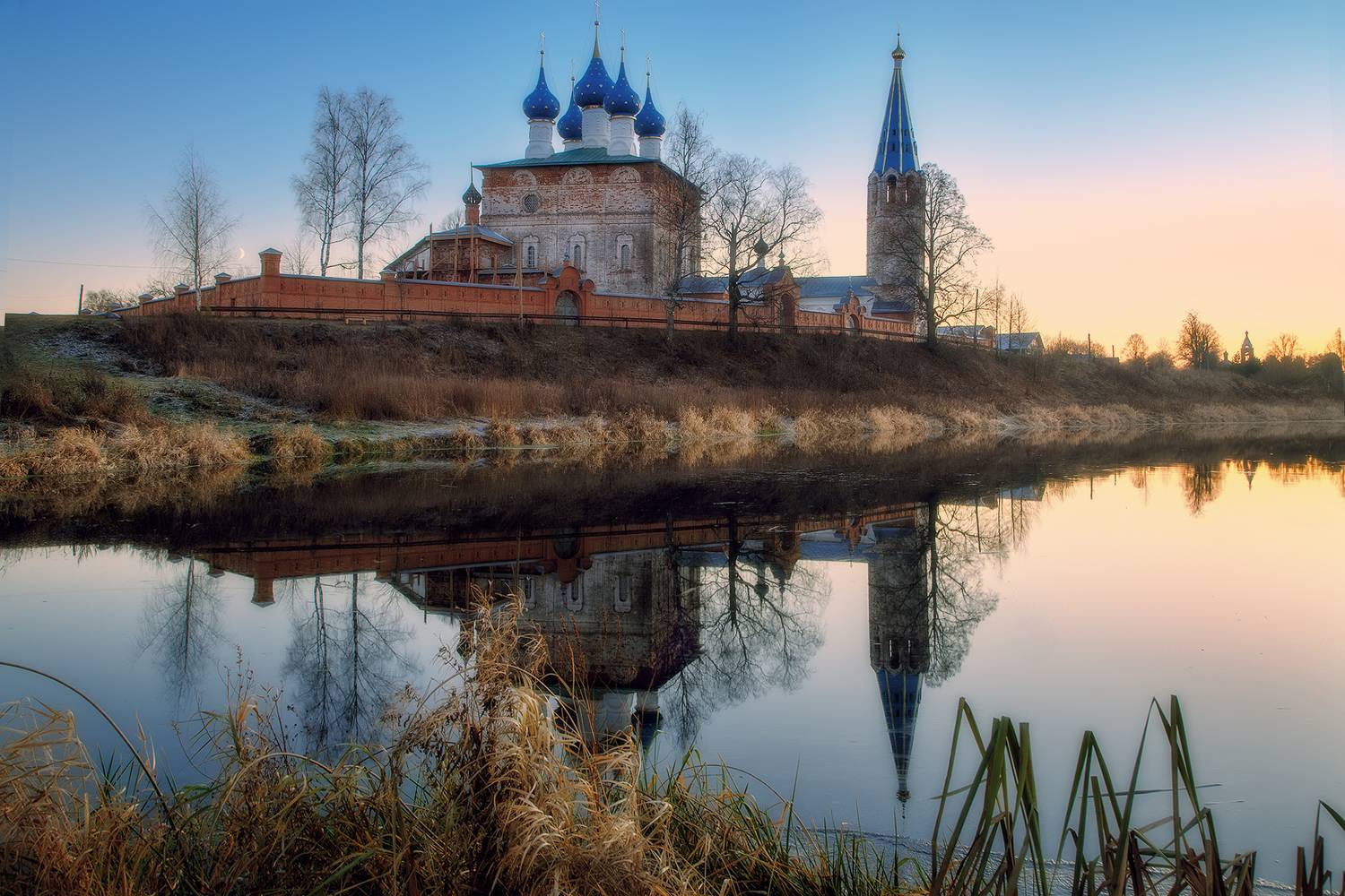 осень, река, церковь, закат, Макаров Роман