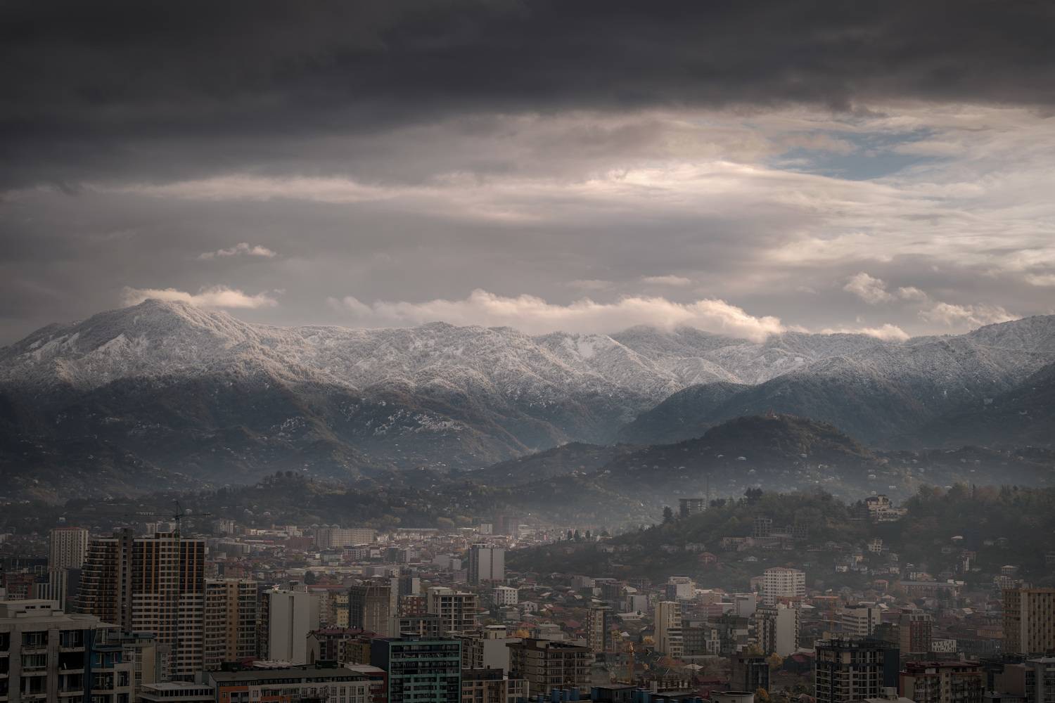 dawn, batumi, morning, mountains, snow, winter, sunrise, sky, clouds, buildings, skyscraper, weather, landscape, cityscape, scenery, travel, outdoors, caucasus, georgia, adjara, sakartvelo, chizh, Чиж Андрей