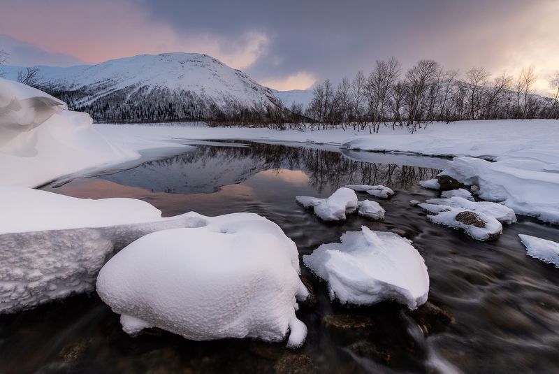 sunrise, mountains, kolskiy Reflection of the big hill фото превью