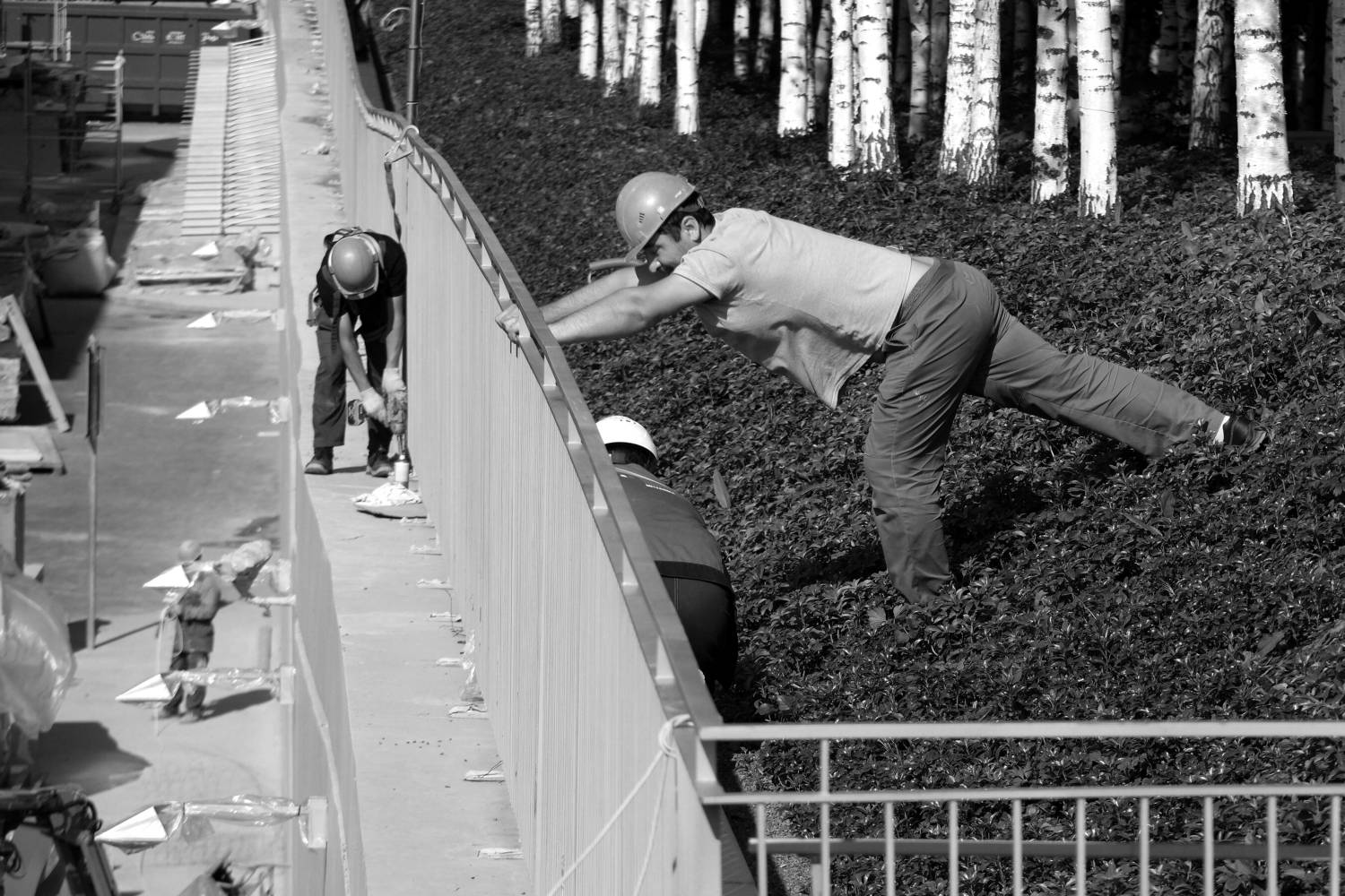 Реконструкция ГЭС2, ограда, монтаж, сила, усилие, толкать, берёзовая роща, работа на высоте, Дмитрий Ткаченко