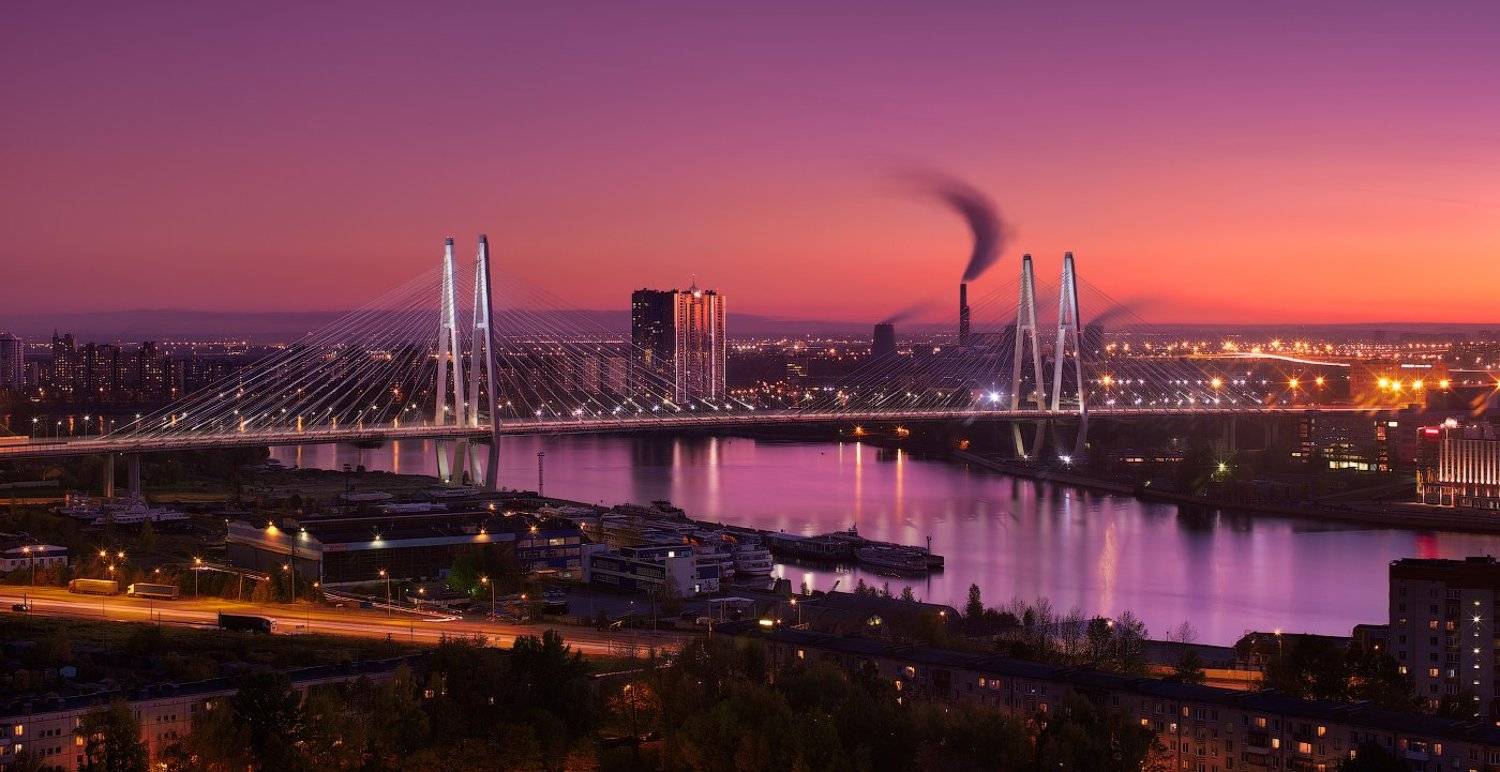 Вантовый, Вечер, Закат, Мост, Нева, Река, Санкт петербург, Сергей Лукс