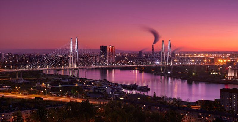 Вантовый, Вечер, Закат, Мост, Нева, Река, Санкт петербург Вечерний Петербург. Большой Обуховский мост фото превью