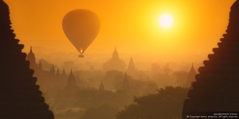 Myanmar, Burma, stupa, Bagan, Asia, buddhist, old, balloon, architecture, travel, travelling, pagoda, morning, sunrise, trees, fog,   Мьянма, Бирма, Азия, Баган, буддизм, архитектура, ступа, пагода, путешествия, утро, рассвет, воздушный шар, деревья, тума HERE COMES THE SUN  фото превью