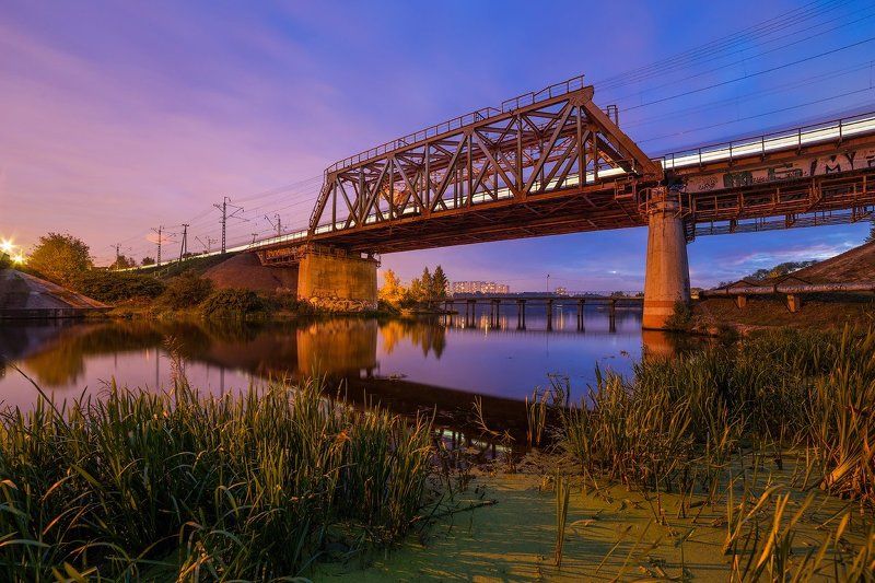 Landscape, Вечер, Водники, Долгопрудный, Железная дорога, Котовский залив, Мост, Поезд Железнодорожный мост в Долгопрудном фото превью