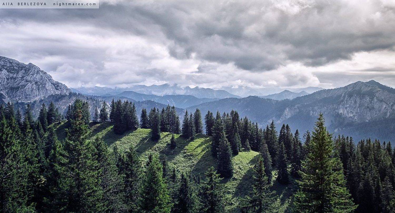 Alps, Clouds, Forest, Germany, Grass, Green, Mountains, Sky, Trees, Альпы, Германия, Горы, Лес, Небо, Облака, Alla