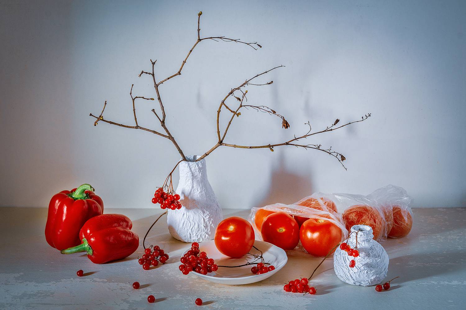 перцы, томаты, помидоры, калина, блюдце, красный, Баг Алексей