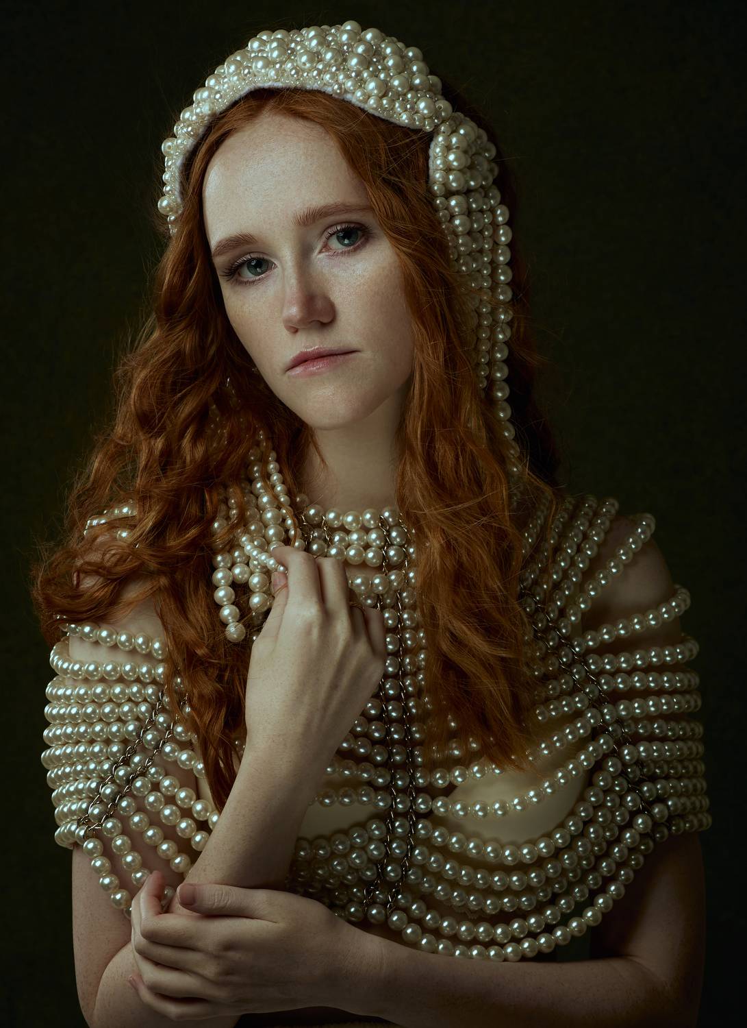 портрет, девушка, рыжая, рыжие волосы, женский портрет, постановочное фото, художественное фото, жемчуг, студийное, студийное фото, Екатерина Сигат