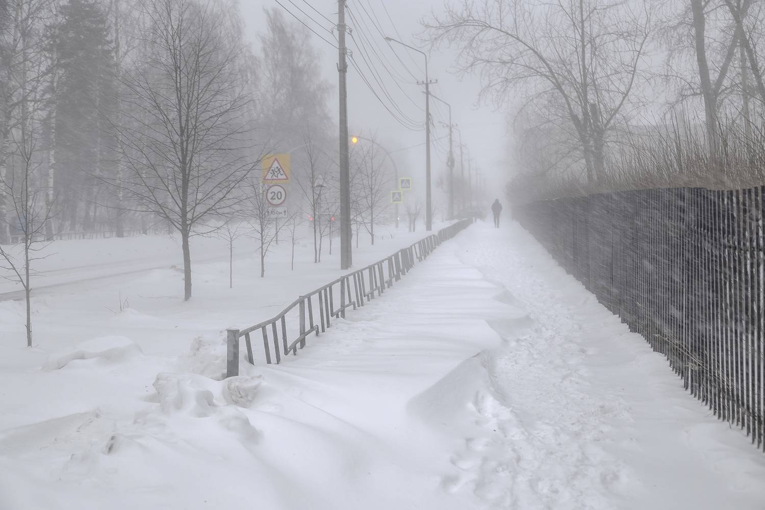 снег, метель, сугроб, человек, пешеход, силуэт, тротуар, Анкудинов Леонид