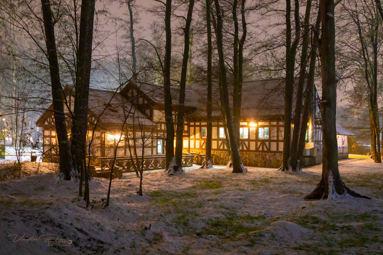 Зеленоградск, город, ночь, стрит, Россия, зима, фотография, огни, снег, Свирин Вадим, 2022, деревья, парк, Vadim Svirin