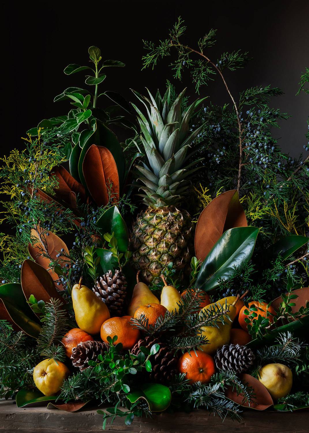 pineapple, pears, tangerines, magnolia, christmas, festive, christmas decor, still life photography, colonial whilliamsburg,  botanical decor, Слуцкая Яна