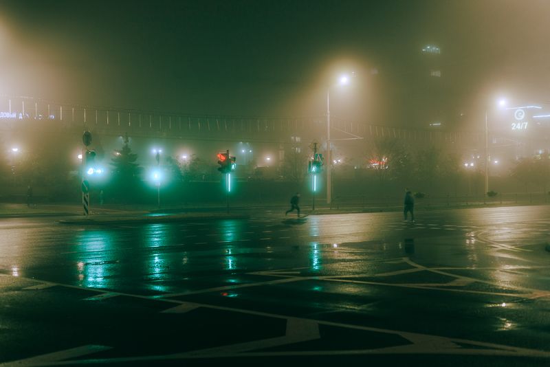 city, urban, street, fog, people, город, туман, люди На переходе в туманном городе фото превью