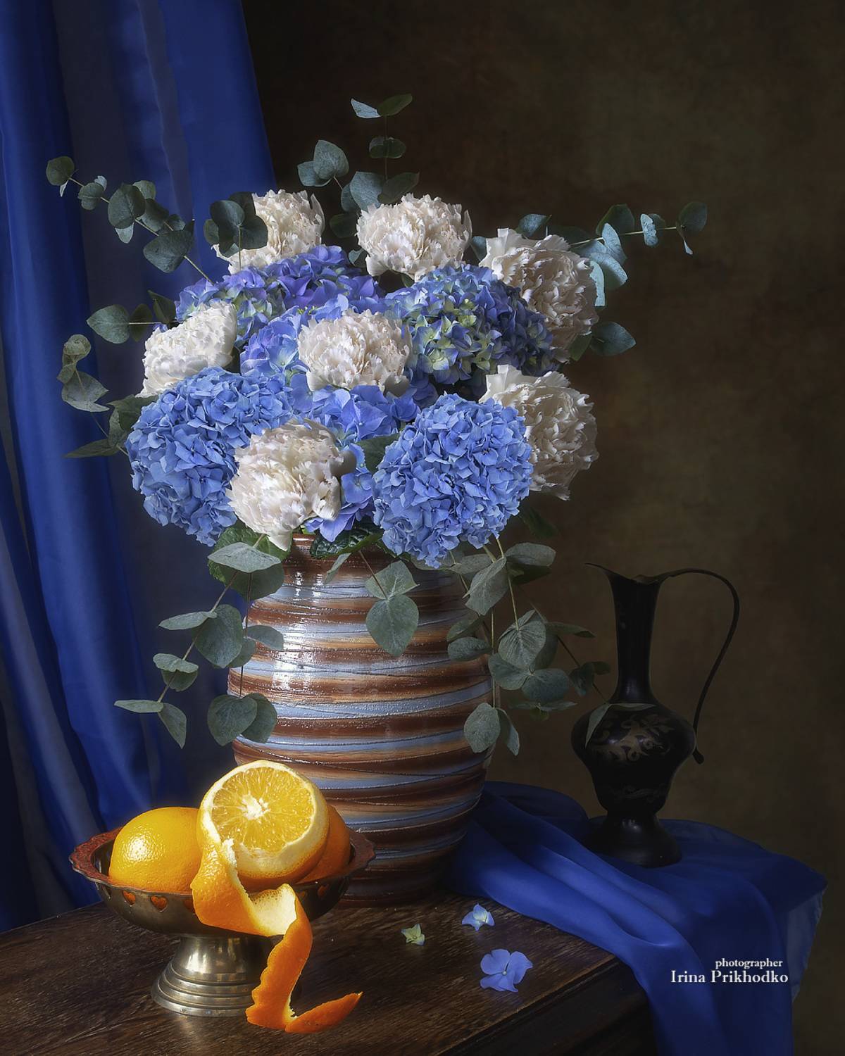 натюрморт, цветы, фрукты, апельсины, гортензии, гвоздики, букеты, Приходько Ирина