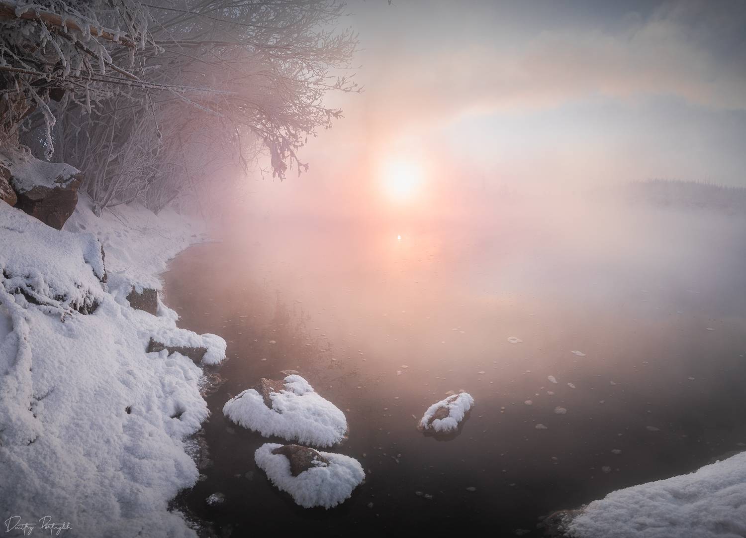 река, зима, длинная выдержка, снег, закат, чита, забайкалье, забайкальский край, отражение, туман, солнце, Портных Дмитрий