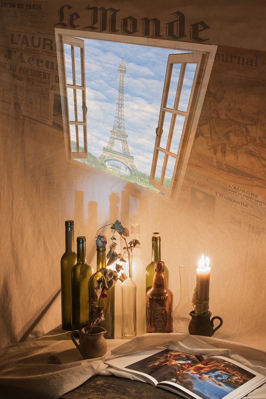 book, bottle, bottles, candle, candlelight, candlelit, collage, color, colors, concept, conceptual, digital, digital art, editing, photo collage, photography, still life, surreal, surrealism, table, Le Monde фото превью