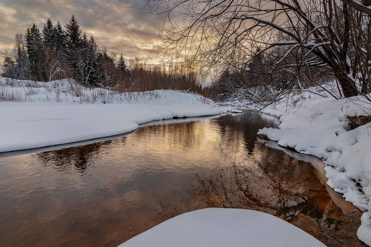 речка, зима, снег, день, лес, кустарник, небо, отражение, Анкудинов Леонид